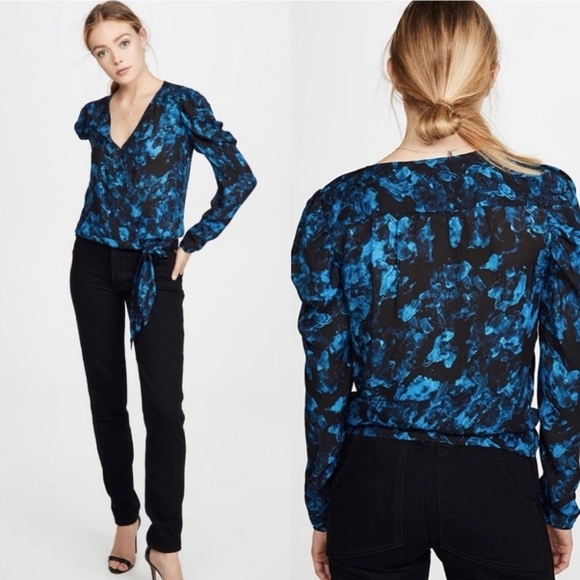 Parker Tops - Parker Blue and Black Abstract Tie-Waist V-Neck Blouse